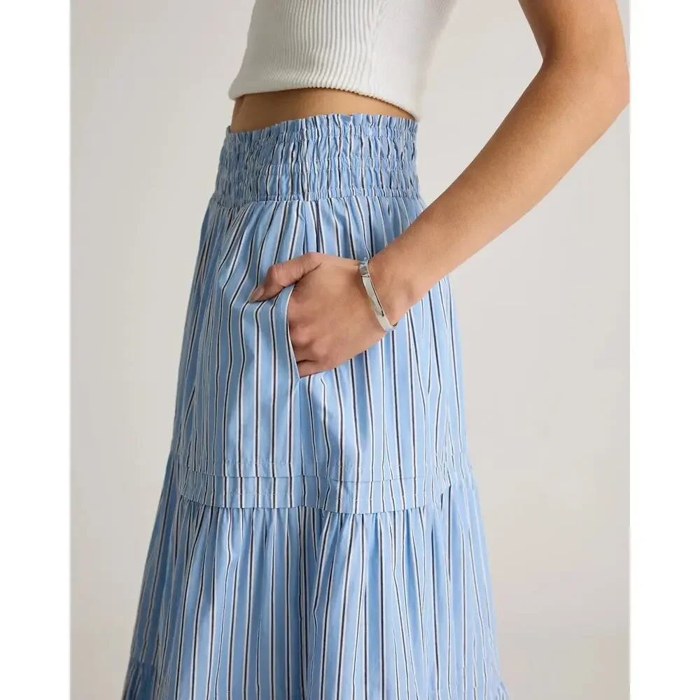 Quince 100% Organic Cotton Poplin Tiered Maxi Skirt Size Large Preppy Coastal